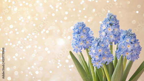 Flower wooden board weather. A beautiful arrangement of blue hyacinth flowers against a soft, blurred background with bokeh highlights.