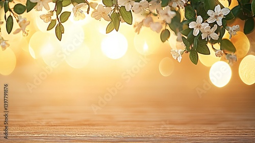 Flower wooden board weather. A serene background featuring delicate flowers and soft, glowing bokeh lights, creating a warm, inviting atmosphere.