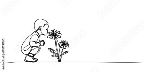 Child smelling flower in continuous line art drawing style. Small girl squatted down to sniff the fragrant flower. Black linear sketch isolated on white background. Vector illustration