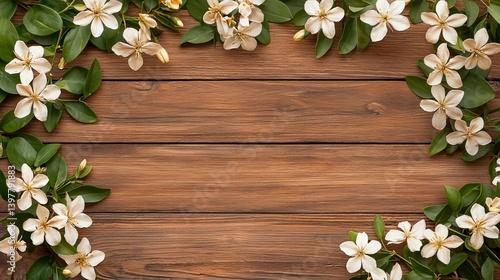 Flower wooden board weather. A beautiful arrangement of white flowers and green leaves framing a rustic wooden background, creating a serene and natural aesthetic.
