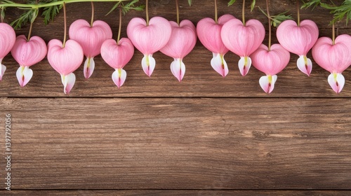 Flower wooden board weather. A row of delicate pink heart-shaped flowers against a rustic wooden background, creating a charming and romantic visual.