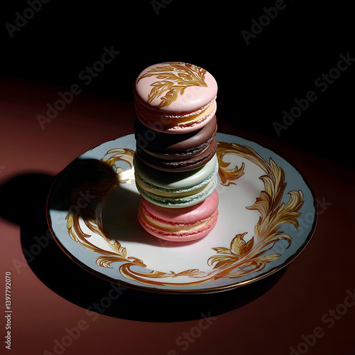 Stack of Colorful Macarons on Ornate Plate