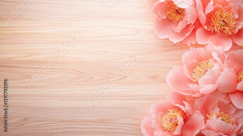 Flower wooden board weather. Delicate pink peonies arranged on a wooden surface, creating a serene and elegant aesthetic, perfect for floral-themed designs.