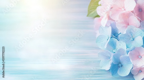 Flower wooden board weather. A serene arrangement of pastel hydrangea flowers on a tranquil surface, evoking a sense of calm and beauty.