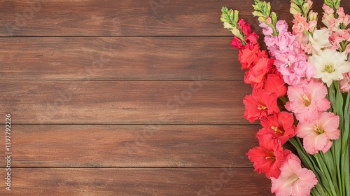 Flower wooden board weather. A vibrant bouquet of gladiolus flowers in various colors arranged against a rustic wooden background.