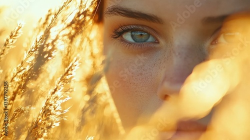 Sun-kissed face framed by golden grass. A close-up portrait with a dreamy, blurred background and warm, natural light