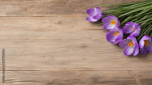 Flower wooden board weather. A cluster of vibrant purple crocus flowers lies gracefully on a rustic wooden surface, creating a serene and natural aesthetic.