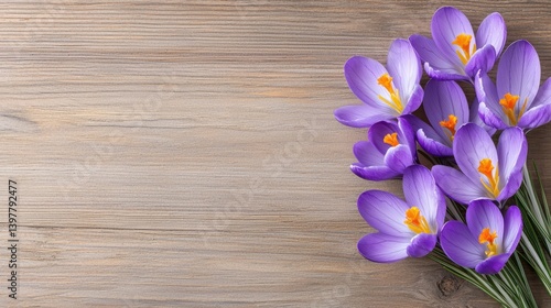 Flower wooden board weather. A vibrant bouquet of purple crocus flowers arranged on a rustic wooden surface, showcasing their delicate petals and bright orange stamens.