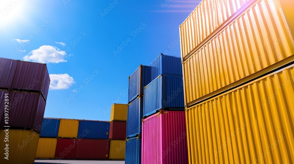 Fototapeta premium Colorful shipping containers stacked against a bright blue sky, showcasing vibrant hues and a clear day.