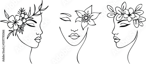 Minimalist Line Art of Women Faces with Flowers on a Transparent Background