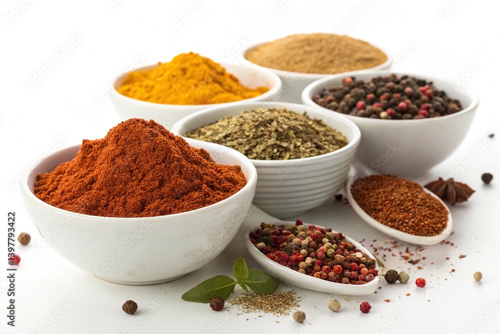 Various Spice Bowls Isolated on White Background Various Spice Bowls Isolated on White Background