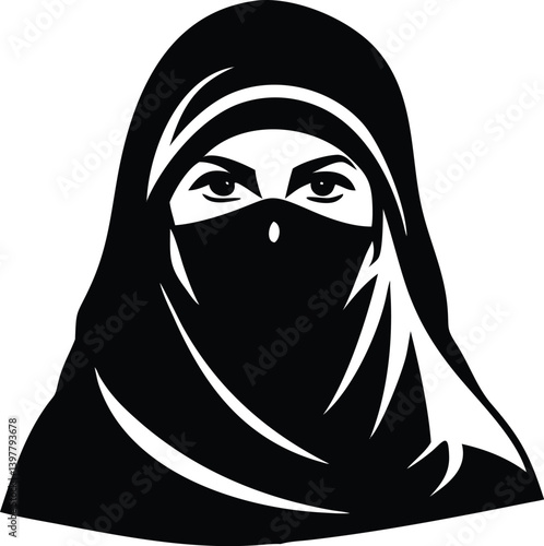 Monochrome Woman in Burqa Silhouette on Transparent Background Design