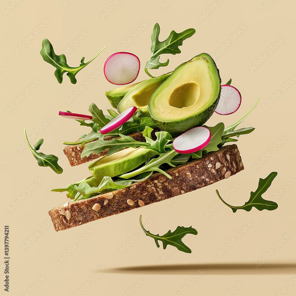 floating ingredients creative food photography of avocado toast with whole grain bread fresh radishes arugula healthy breakfast concept