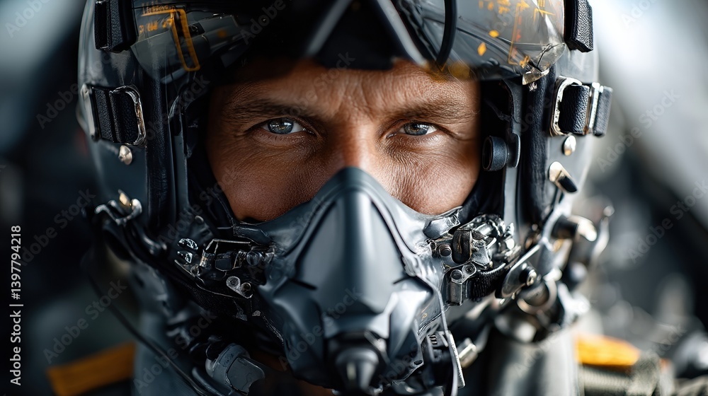 Fototapeta premium Closeup of pilot wearing advanced flight helmet and oxygen mask in cockpit