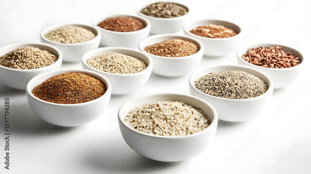 Assortment of Diverse Grains in Small White Bowls Assortment of Diverse Grains in Small White Bowls
