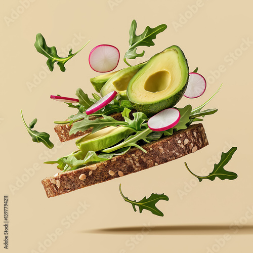 Obraz na płótnie floating ingredients creative food photography of avocado toast with whole grain bread fresh radishes arugula healthy breakfast concept w salonie