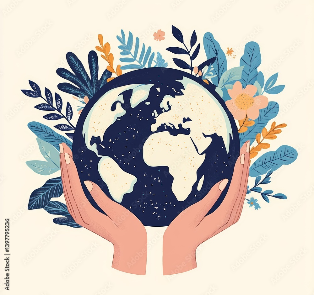 A green globe representing the earth is being held in hands, symbolizing Earth Day, as depicted in a modern illustration suitable for posters, banners, prints, and web use, conveying the idea of