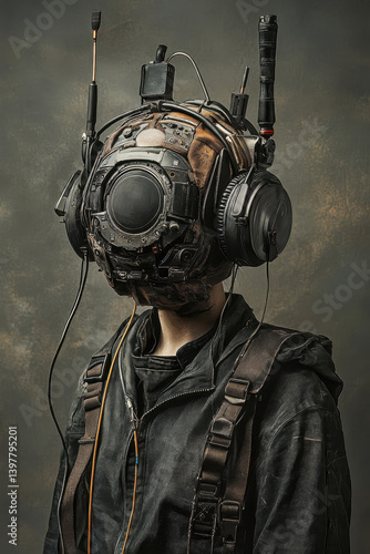 Futuristic cyberpunk headgear worn by anonymous person in steampunk attire and wired headphones