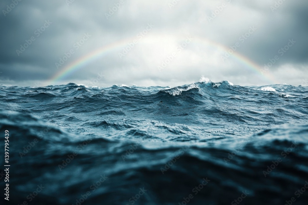 Fototapeta premium A captivating view of turbulent ocean waves beneath a cloudy sky, featuring a vibrant rainbow arching above the water.