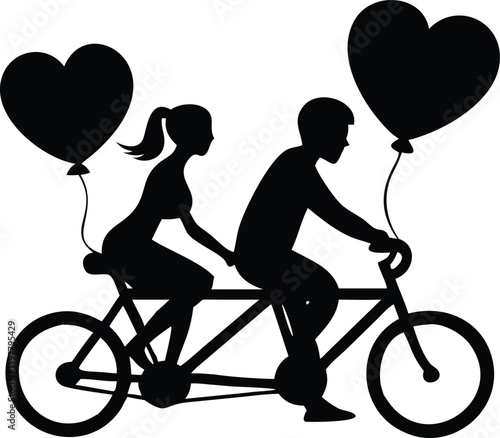 Silhouette Couple Riding Tandem Bike with Heart Balloons, Transparent Background