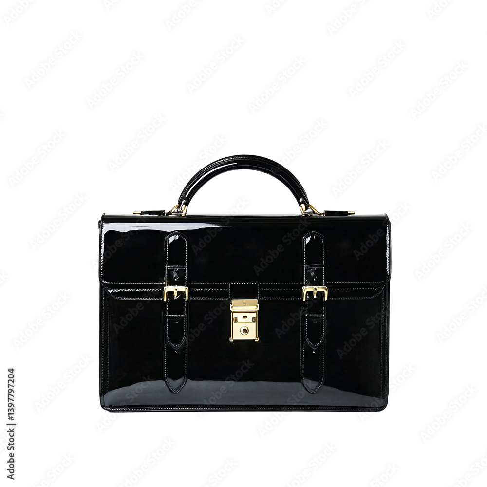 a glossy black leather briefcase with a gold-tone lock and buckle details is centered against a plain white background. a glossy black leather briefcase with a gold-tone lock and buckle details is centered against a plain white background.