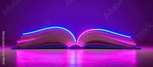 An open book illuminated with vibrant neon blue and pink lights