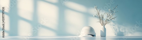 Wallpaper Mural A minimalist scene featuring a white construction helmet and a vase with branches, complemented by soft shadows on a light-colored surface. Torontodigital.ca