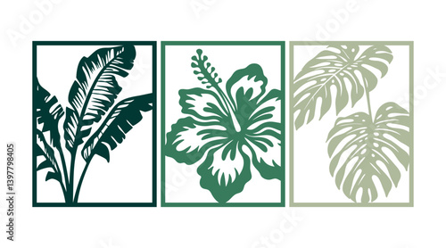 Tropical wall art set. Laser cut template. Wall art vector illustration.