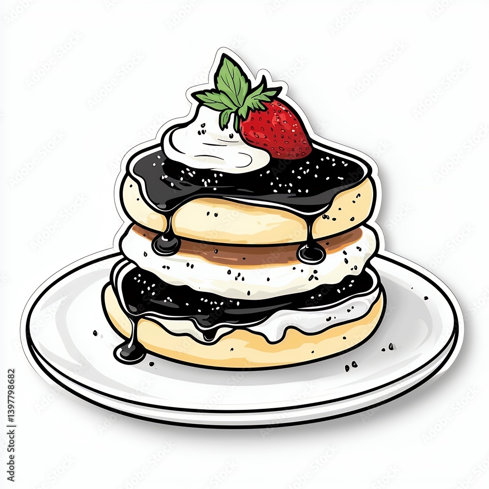 Cartoon Illustration of Delicious Pancakes Topped with Chocolate Sauce and Strawberry Cartoon Illustration of Delicious Pancakes Topped with Chocolate Sauce and Strawberry