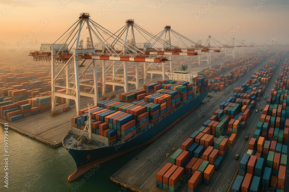 Naklejka premium Bustling Container Port at Dawn with Colorful Cargo Ships