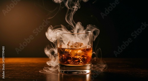 A glass of amber liquor with ice, encircled by rising vapor, creating a visually striking and atmospheric presentation.