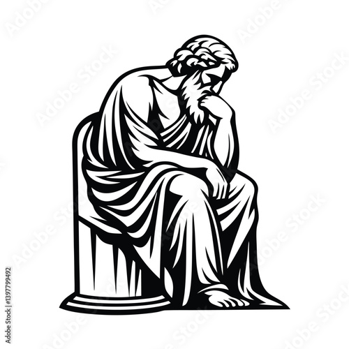 Silhouette of Seated Man in Robe with Hand on Face, Classical Thinker Style Design