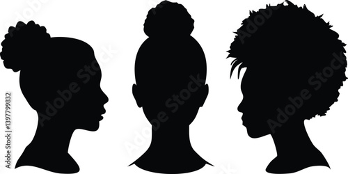 Three Black Woman Silhouettes with Different Hairstyles on White Background