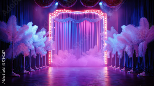 Glamorous neon-lit cabaret stage with feather decor and smoke for theatrical shows and nightlife event promotion