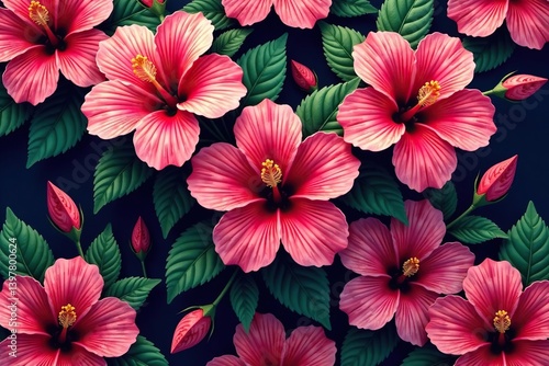 Intricate hibiscus blooms, vibrant hues, repeating pattern, background, botany
