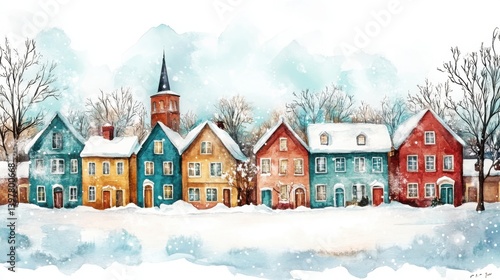 Wallpaper Mural A charming watercolor painting of colorful houses surrounded by snow, showcasing a serene winter landscape with a church steeple in the background. Torontodigital.ca