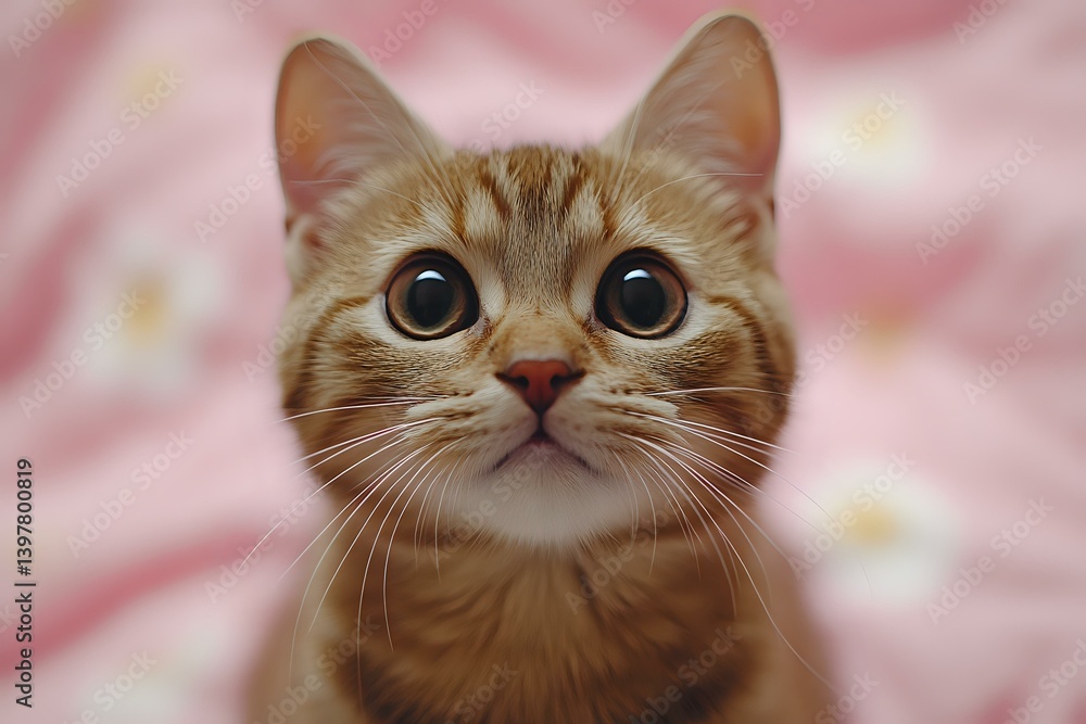 Adorable ginger cat with big round eyes looking up curiously against pink background, close-up portrait showing expressive face and whiskers for pet and animal content. Adorable ginger cat with big round eyes looking up curiously against pink background, close-up portrait showing expressive face and whiskers for pet and animal content.