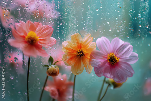 delicate pastel flowers with raindrops on glass evoking fresh springtime garden ambiance