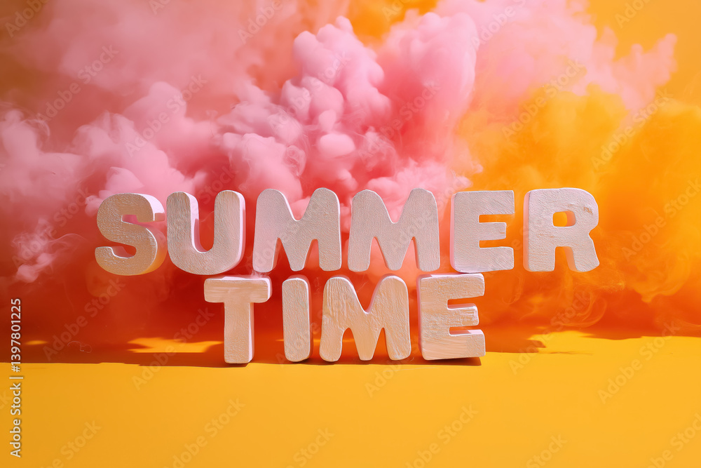 3d white summer time letters on vibrant orange pink smoky background for seasonal design