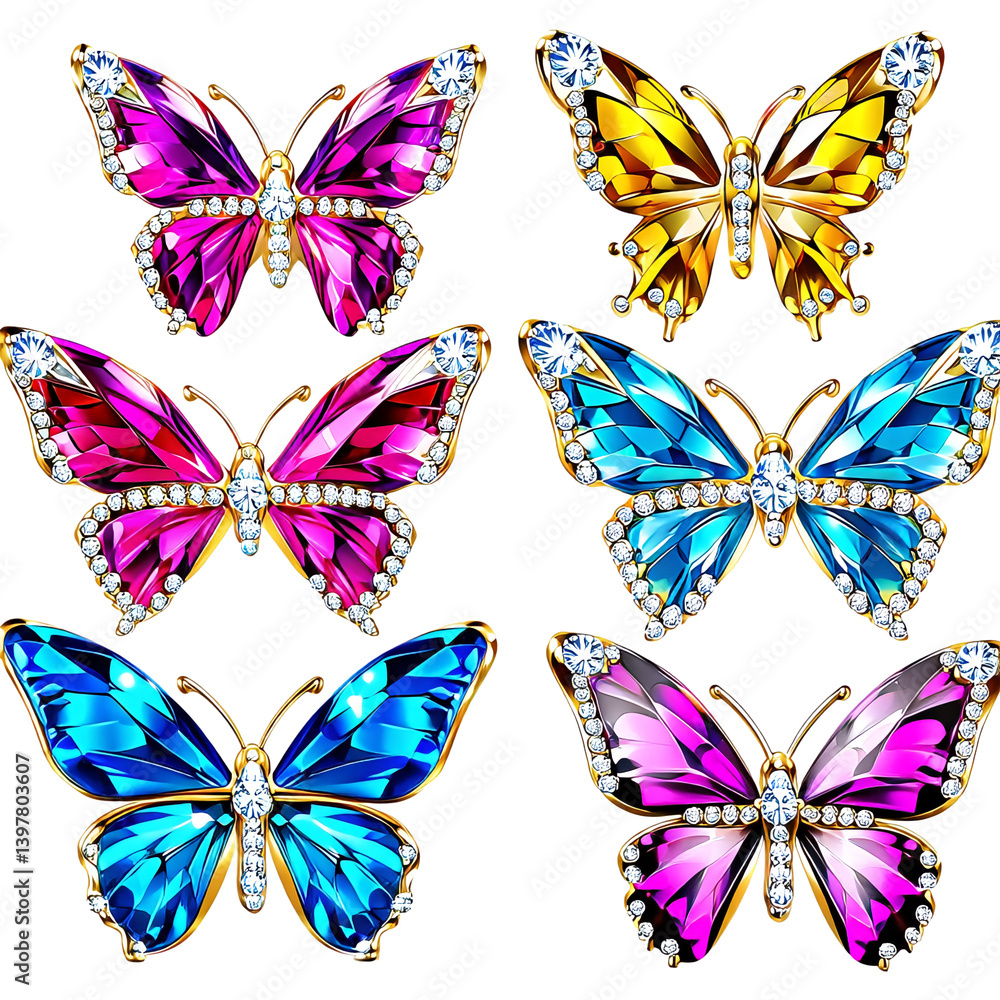a collection of intricately designed butterfly brooches adorned with vibrant gemstones and sparkling crystals arranged against a white background. a collection of intricately designed butterfly brooches adorned with vibrant gemstones and sparkling crystals arranged against a white background.