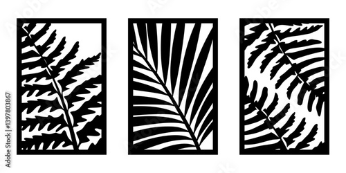 Tropical leaves wall art set.  Laser cut template. Wall art vector illustration.