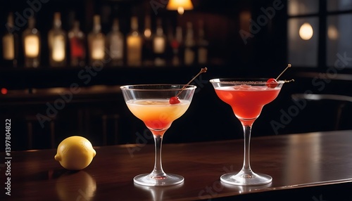 Two colorful cocktails garnished with cherries, displayed on a bar.