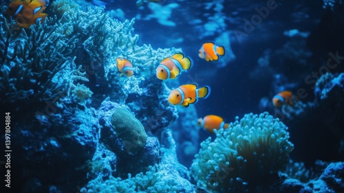 Vibrant clownfish gracefully swimming in a flourishing underwater coral reef ecosystem