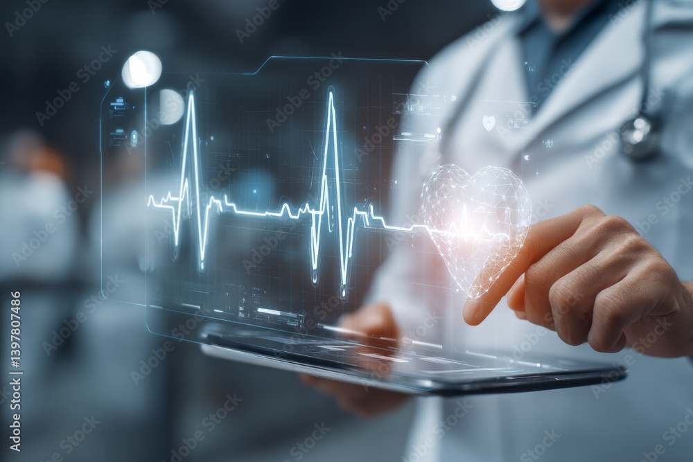 Futuristic medical technology doctor using tablet with heart rate line in hospital setting