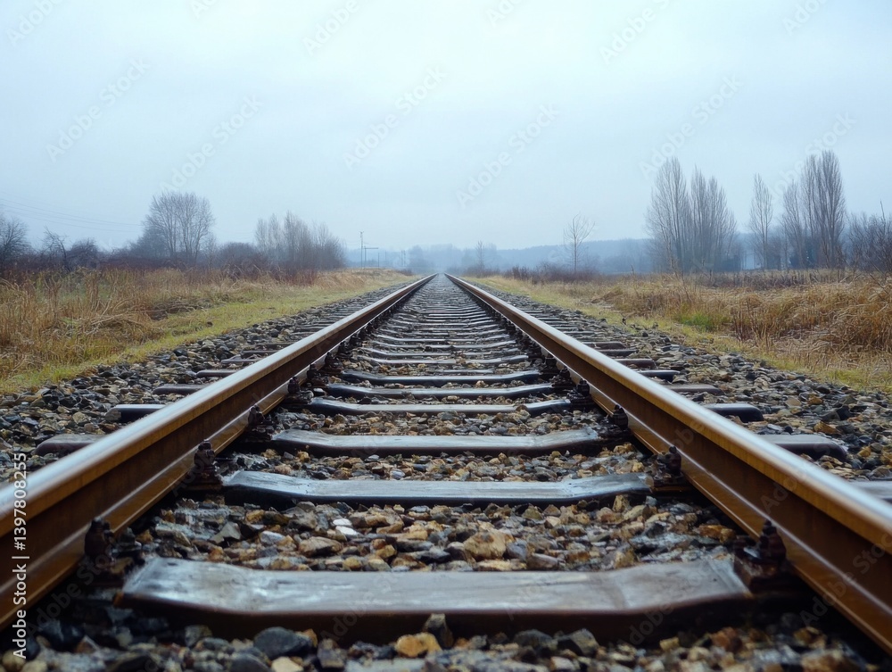 Fototapeta premium Railway tracks vanishing into the horizon with symmetrical perspective and overcast lighting