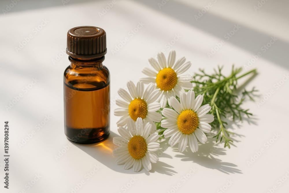 Chamomile Essence Bottle Next to Fresh Chamomile Flowers Chamomile Essence Bottle Next to Fresh Chamomile Flowers