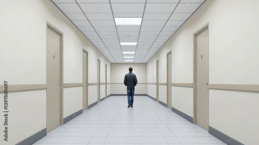 Fototapeta premium Empty Hospital Corridor - Man Walking Away