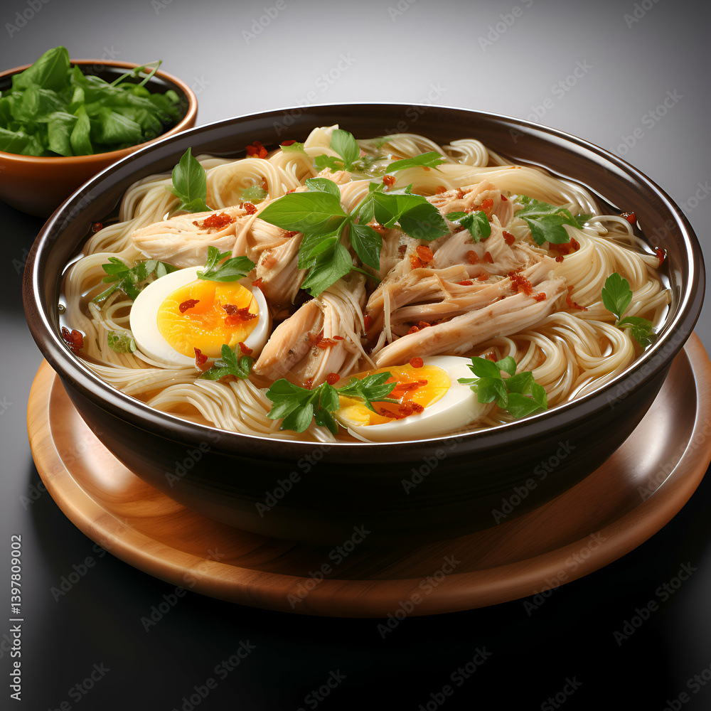 Japanese ramen soup with chicken. egg and vegetables on black background Japanese ramen soup with chicken. egg and vegetables on black background