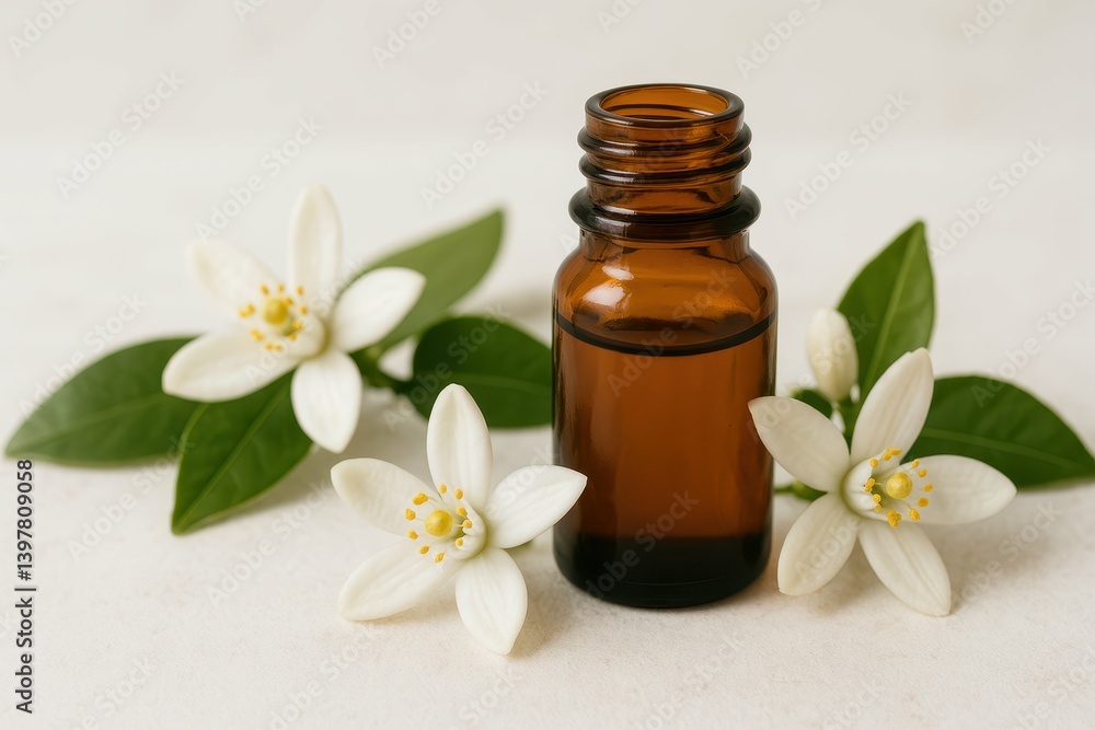 Neroli Oil in Brown Bottle with Fresh Orange Blossom Flowers Neroli Oil in Brown Bottle with Fresh Orange Blossom Flowers