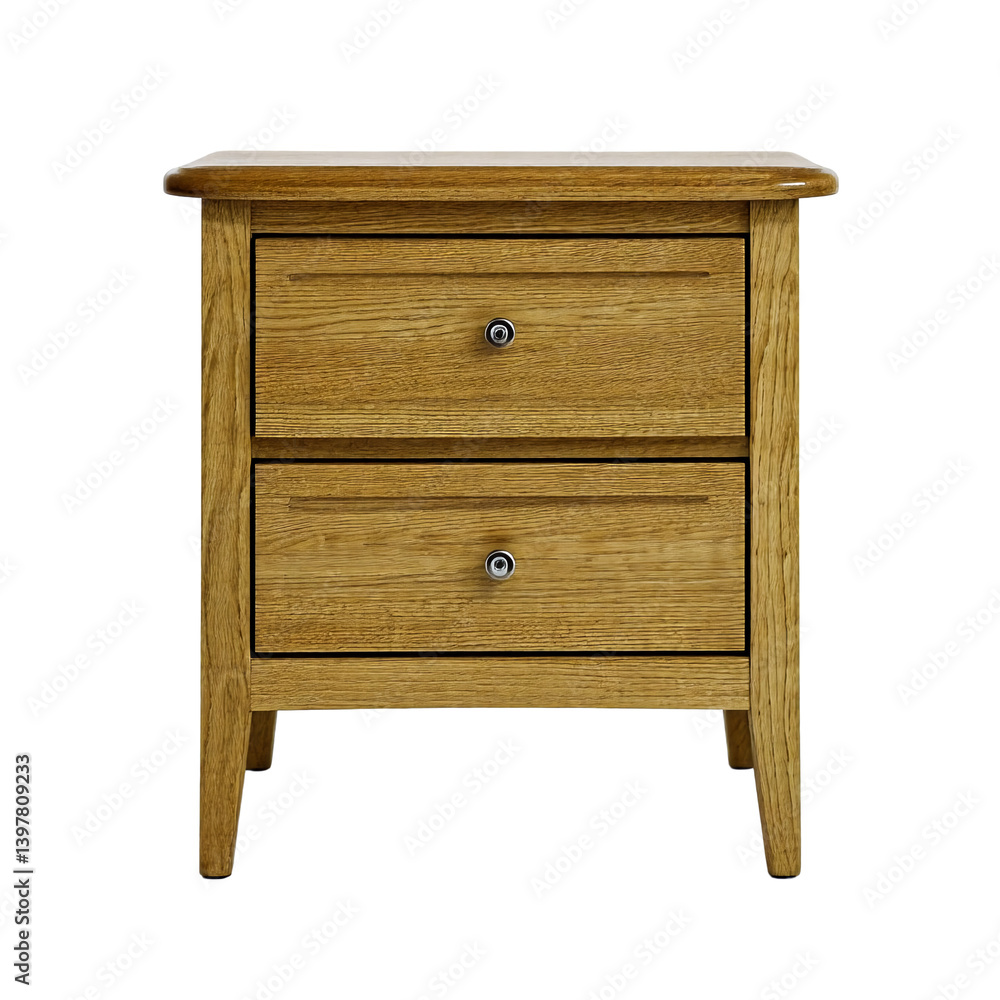 a simple wooden nightstand with two drawers and silver knobs is presented against a plain white background. a simple wooden nightstand with two drawers and silver knobs is presented against a plain white background.